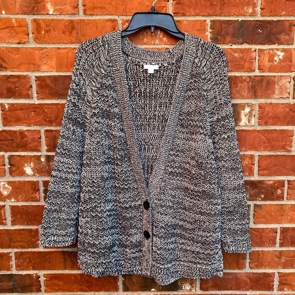 J. Jill Womens Large Gray Black Chunky Crochet Knit Grandpa Cardigan Sweater - Picture 1 of 10